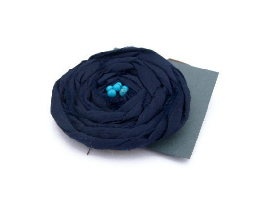 Navy Blue Flower Brooch Accessory Silk Hand Rolled Jewellery Bag Coat Pin Womens Silk Rosette