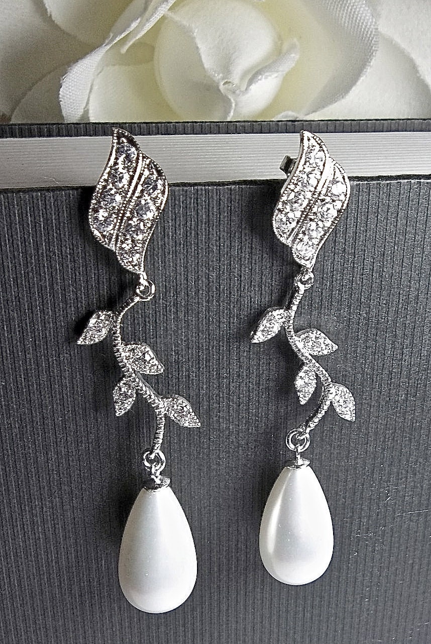 Bridal jewelry - Pearl Earrings - Long - Formal - Beauty - Cubic Zirconia - Branches - Long pearl earrings -