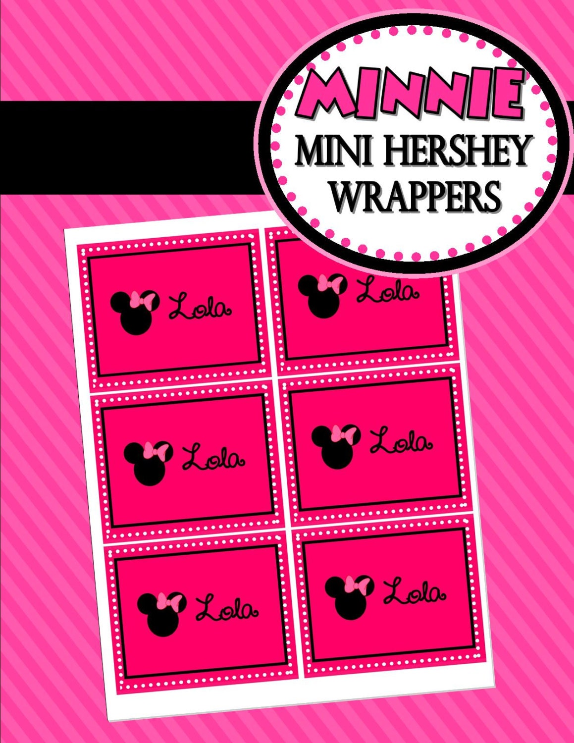 MINNIE Inspired party printables - Minnie Mouse Candy Bar Wrappers- Candy Jar Labels Black and Pink Birthday Collection - Krown Kreations Il_170x135