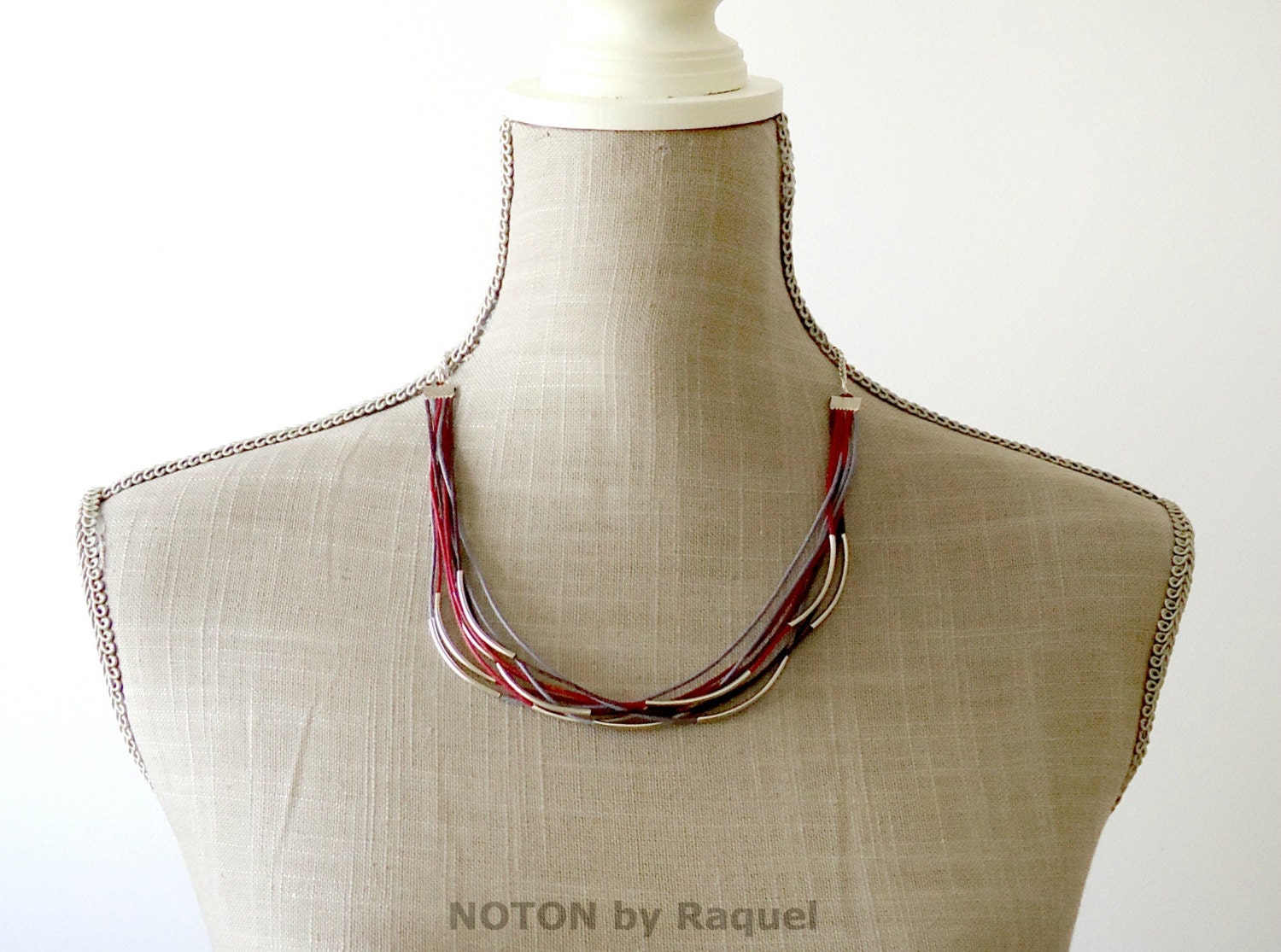 Cord Medium Necklace with Sliding Silver Plated Tubes
