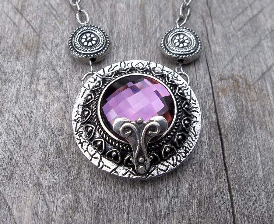 Clockpunk Steampunk Reversible Pendant Necklace, Waltham Watch Movement, Gears & Gem on Antiqued Silver Cable Link Chain
