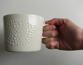 Handmade large porcelain cup with haptic dotted decoration, modern ceramic mug for tea, coffee, hot chocolate, snacks and desserts.