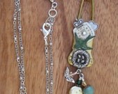 Steampunk "I Heart Spring" Upcycled Laundry Pin Necklace with Birds Nest, Verdi Swallow, Vintage Watchface, Heart...