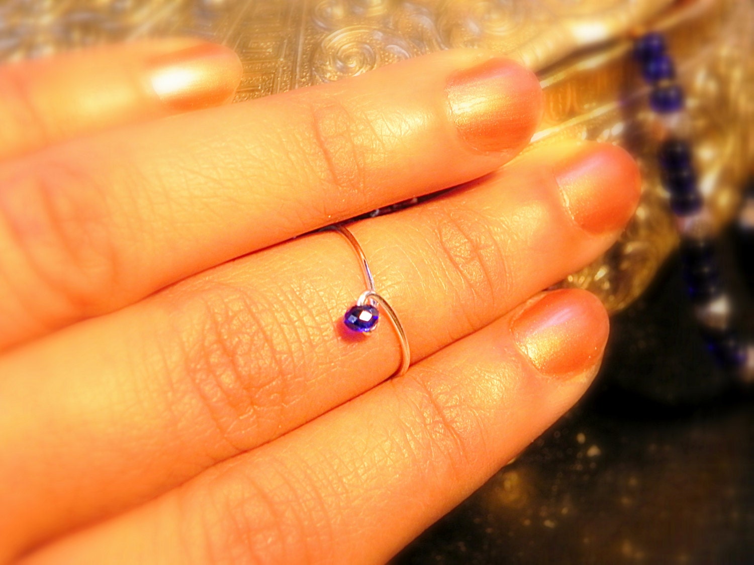 Sapphire Blue Knuckle Ring Adjustable Chevron Ring by Raadhe Handmade Jewelry