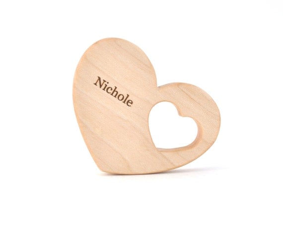 Personalized Heart Teether - Waldorf Wood Baby Toy - Eco-Friendly Safe Infant Toy -  Organic Wooden Teether - Valentine's Day