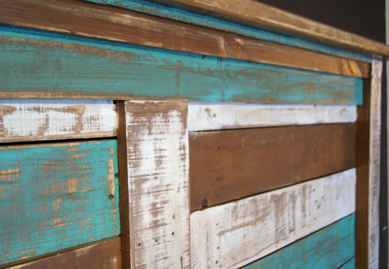 Shabby Chic Reclaimed King Bed Set.  Rustic Headboard, Foot Board, and rails.  Reclaimed King Bed distressed with teal and white