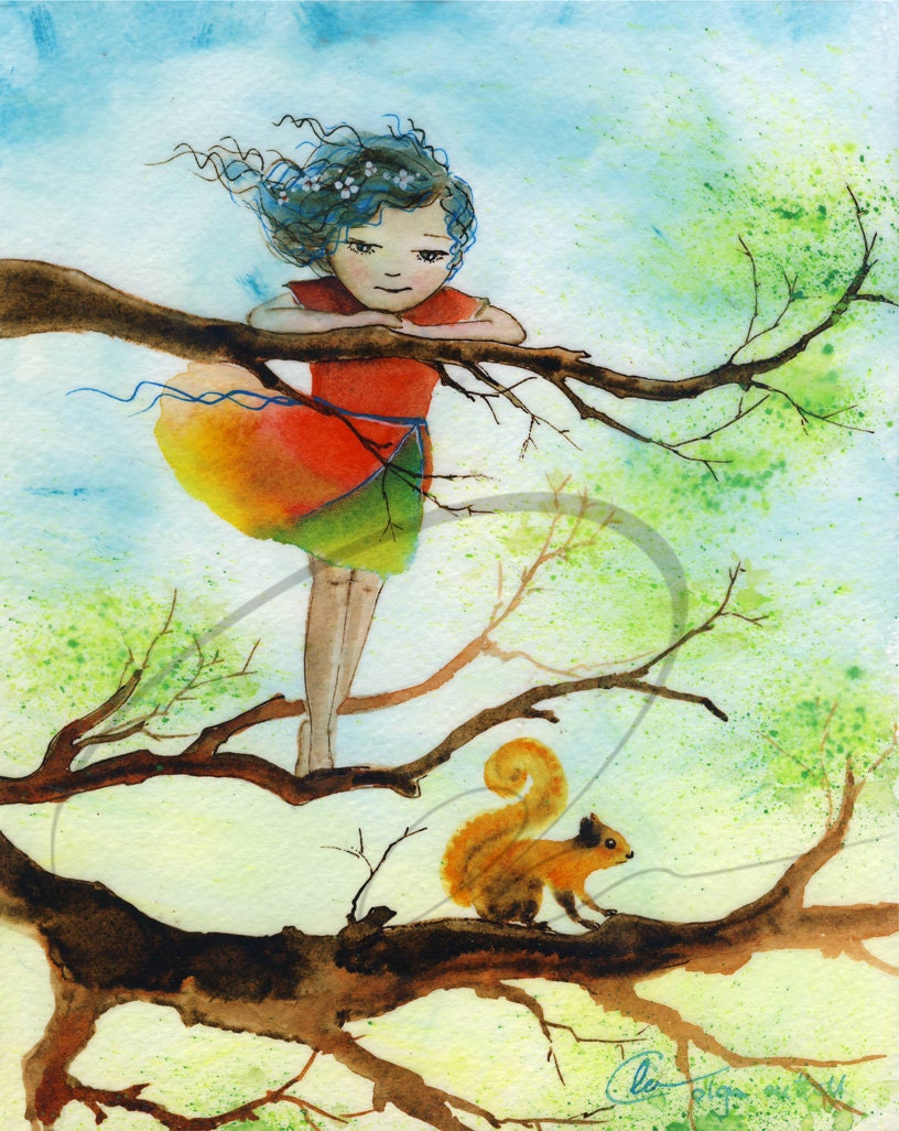 Finding Freedom - art print girls room decor little girl climbing tree squirrel child wishes red dress watercolor painting Oladesign 5x7