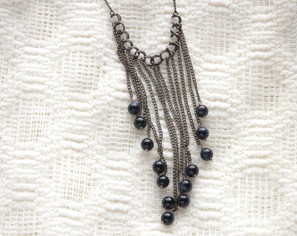 glittery indigo stone beads and gunmetal toned chain necklace