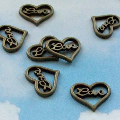 10 heart charms or connectors with 'Love' in script, bronze tone, 13mm