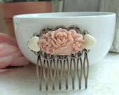 A Blush Soft Pink Bouquet Flower, Ivory Heart Cabochon Collage Hair Comb. Bridesmaids Hair comb, Bridal Wedding Comb. Gifts For Friends.