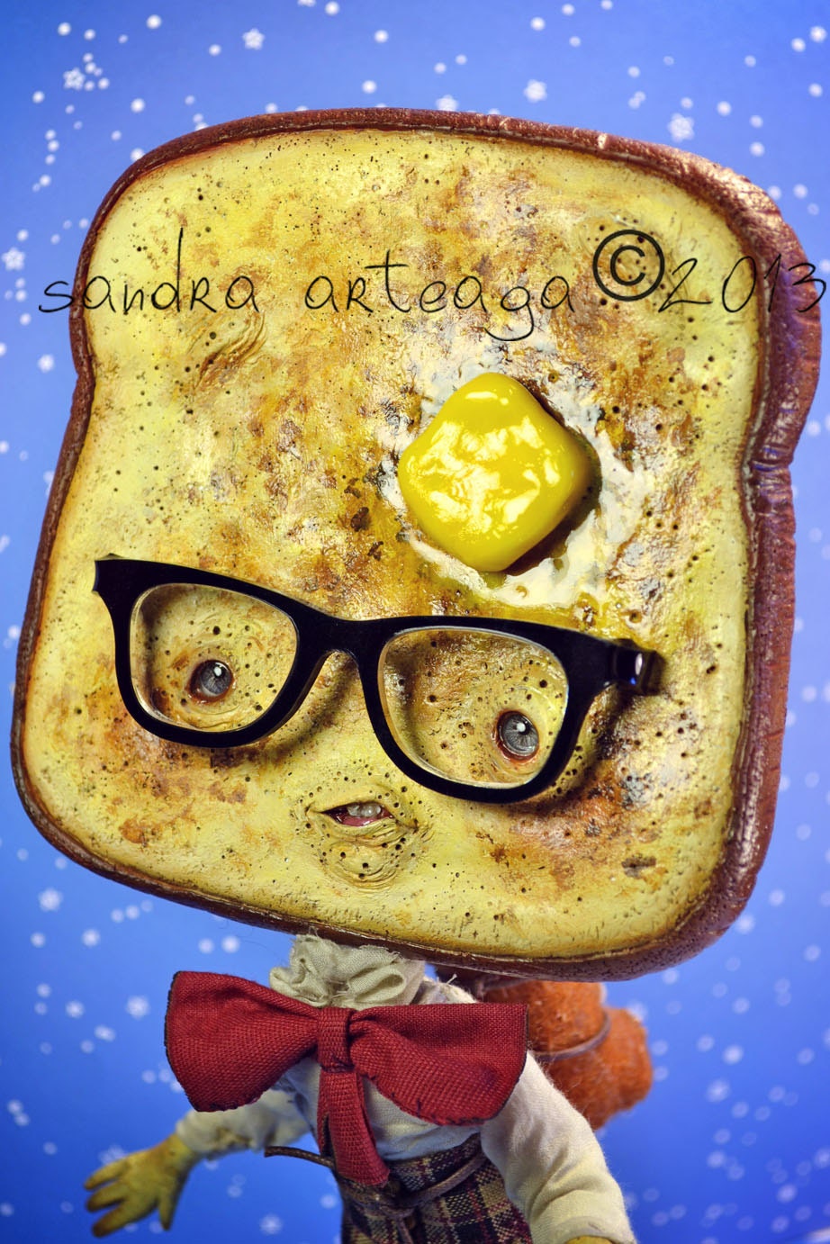 Butter Keaton  and Calatea  - Another version of the buttered cat paradoX - art doll ooak toast nerd freak doll sculpture