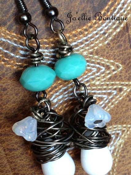 turquoise earrings wire wrapped nest bird rustic boho chic country bridesmaid jewelry sets wire nest theme robins egg boho