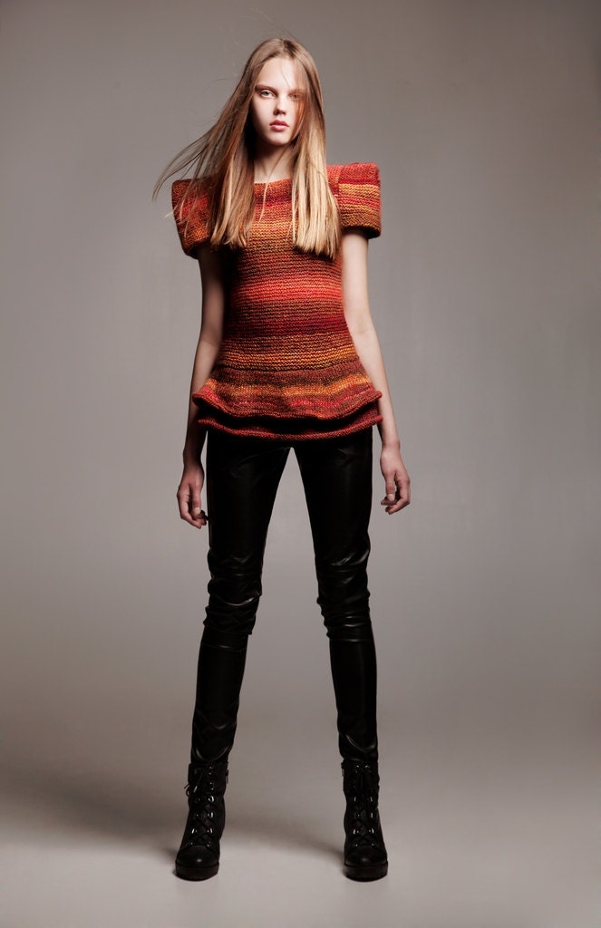 OMBRE ruffled peplum blouse ooak "ETHECO" F/W 2013-2014 Alisa Design modern high fashion hand knit ethno womens sweater orange striped ombre