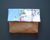 MORNING GLORY Gold Leather Clutch. Floral Cotton Clutch.