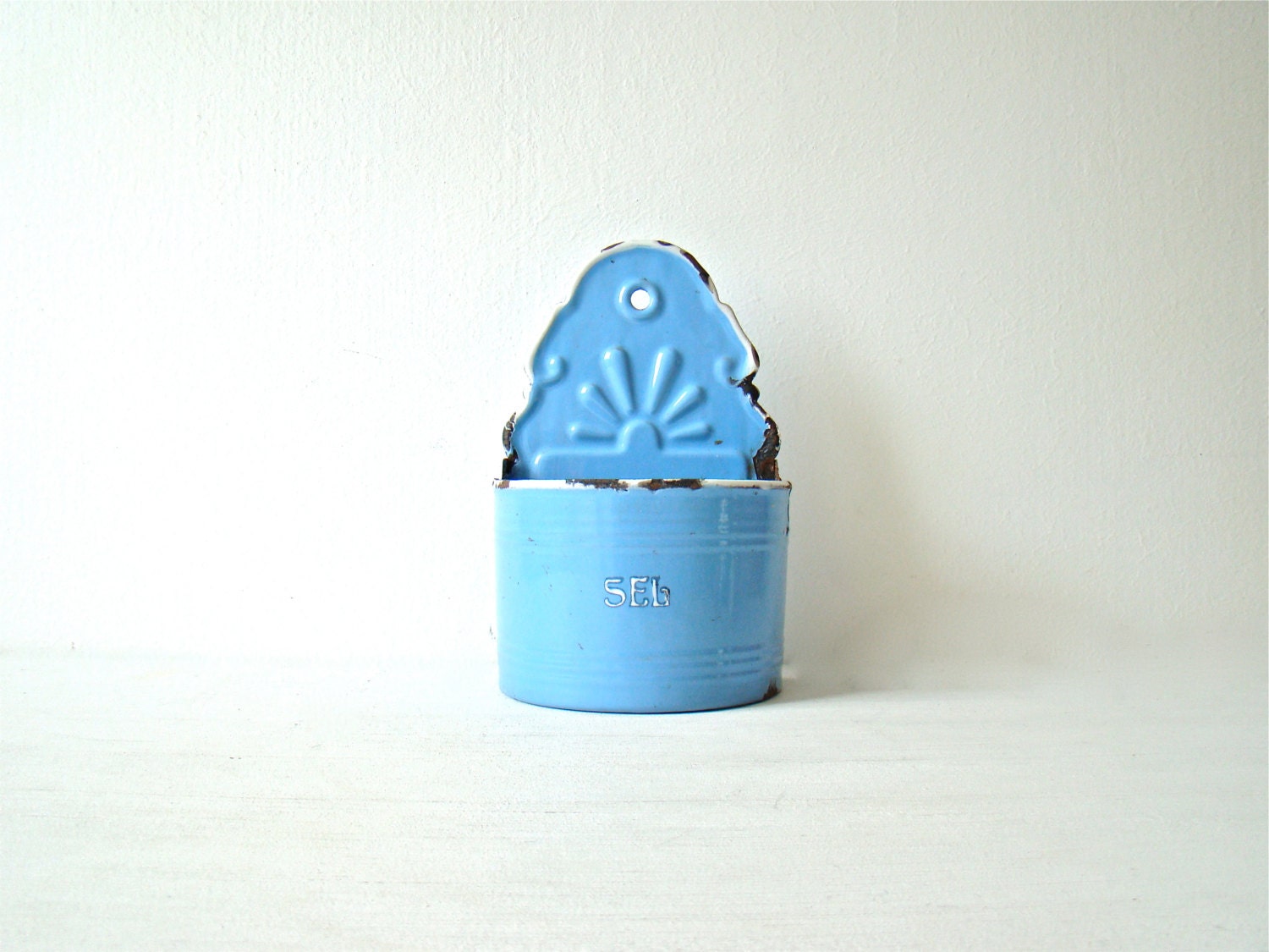 French enamel salt box, lovely french robins egg blue salt pot, charming wedding decor, country living, salt box wall hanging