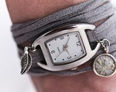 Wrap Watch with real flower charm - grey suede and silver wrist watch, dried flower charm and little leaf