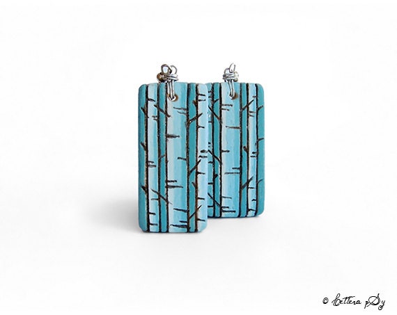Painted Wood Earrings  -  Blue Burned rectangles with stylized tree trunks - LetterapSy