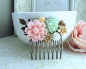 A Blush Baby Pink Flower, Soft Green Rose, Brass Leaf Collage Hair Comb. Bride, Maid Of Honor, Bridesmaids Gift, Wedding Bridal Hair Comb. - Marolsha