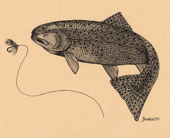 Rainbow Trout with Fly original Pen and Ink Drawing on by rustik