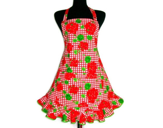 Flower Apron , Red Geraniums , Adjustable with Retro Ruffle and Pocket - ElsiesFlat