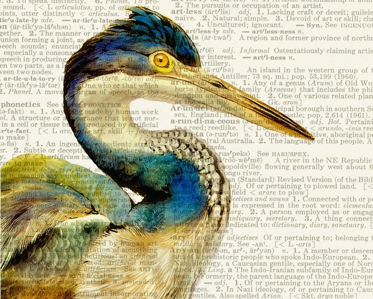 Heron - vintage watercolor printed on page from old dictionary - FauxKiss