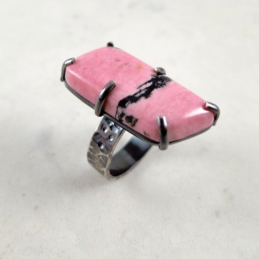 Rhodonite Ring| Sterling Silver| Pink gemstone| Geometric| hammered ...