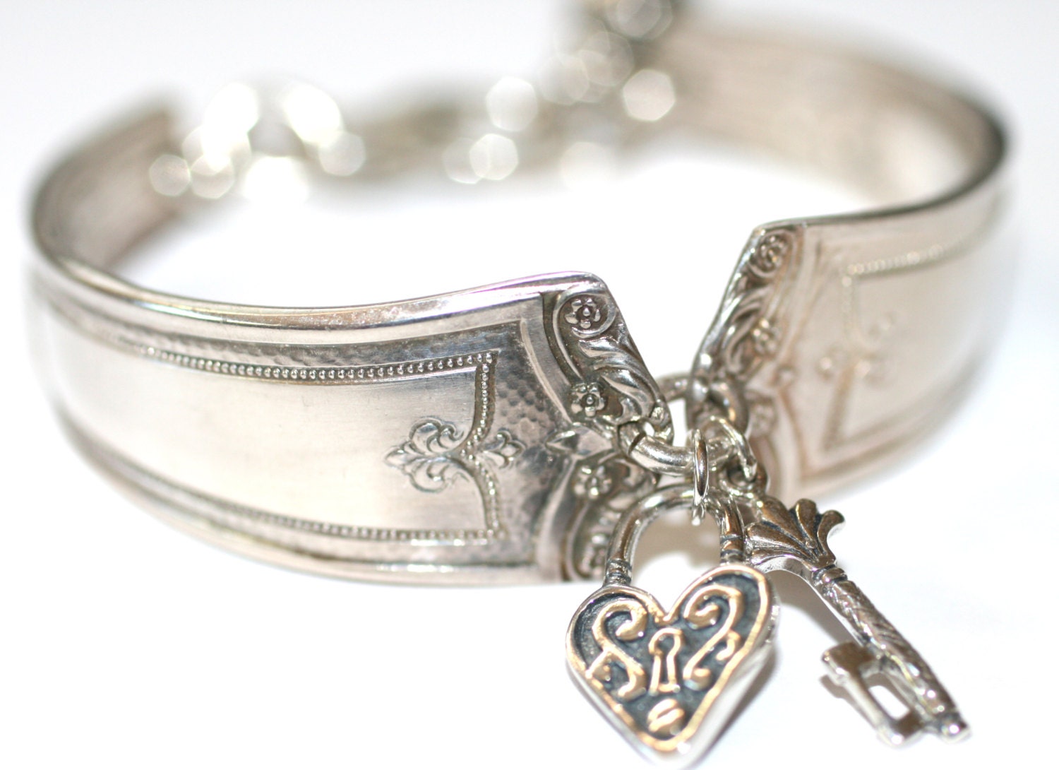 Reserved For Jeri Heart Lock and Key Handmade Vintage Silverware Charm Bracelet