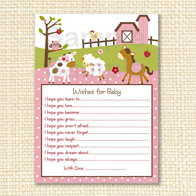 Pink Farm Animal Wishes for Baby Advice Cards INSTANT DOWNLOAD Il_570xn