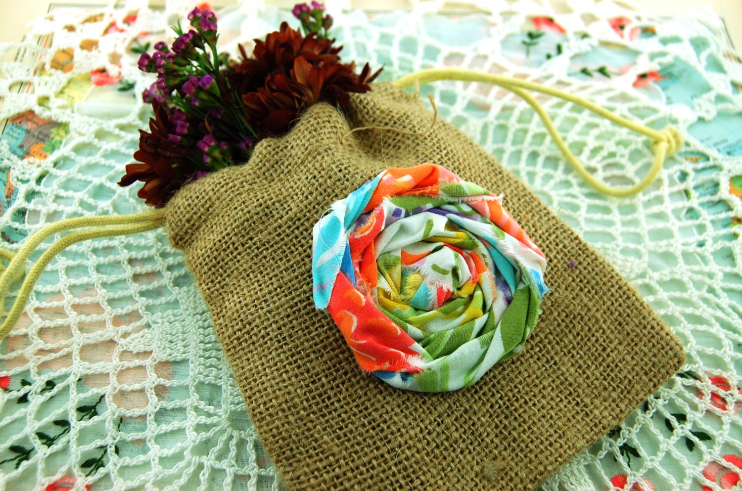 Burlap Rose Collection Floral Fancy Burlap Drawstring Bag Il_570xn
