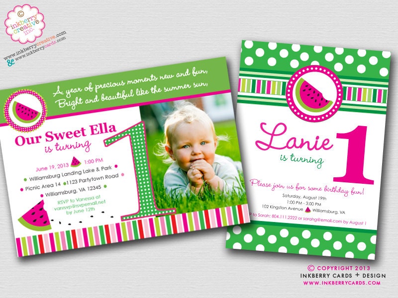 Sweet Watermelon First Birthday Party Invitation (Pink or Red) (Digital File OR Cardstock Printed Cards Also Available) Il_570xn