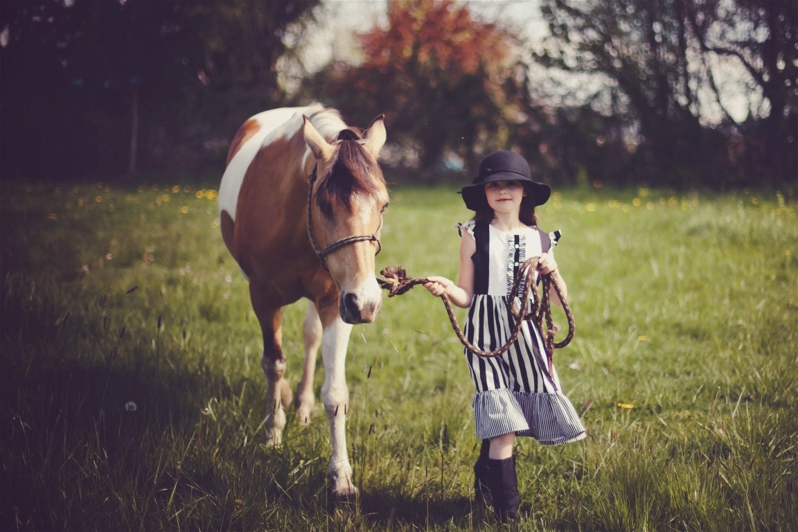 Girls Vintage Equestrian Inspired Black and White Striped Duchess Dress... Sizes 2T through 14