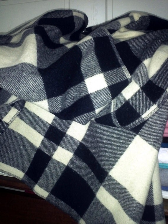 Vintage Woolrich Black and White Plaid Wool Blanket by melampode