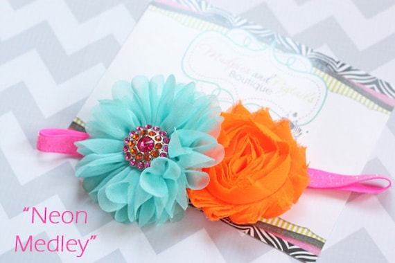 baby headband, Neon Medley, neon pink, orange aqua Chiffon ruffle Flower HEadband, baby girl summer photography prop