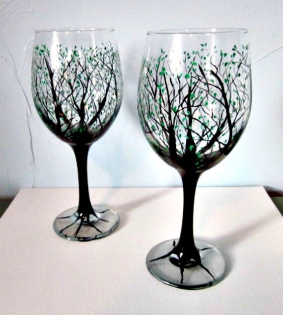 Wine Glasses Hand Painted Trees Pair Of Tree By Glassgaloregal
