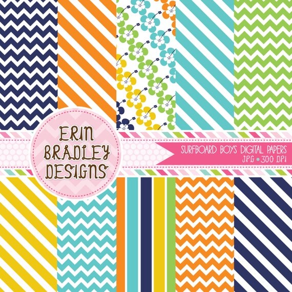 Surfboard Boys Striped Digital Paper Pack Personal & Commercial Use INSTANT DOWNLOAD Il_570xn