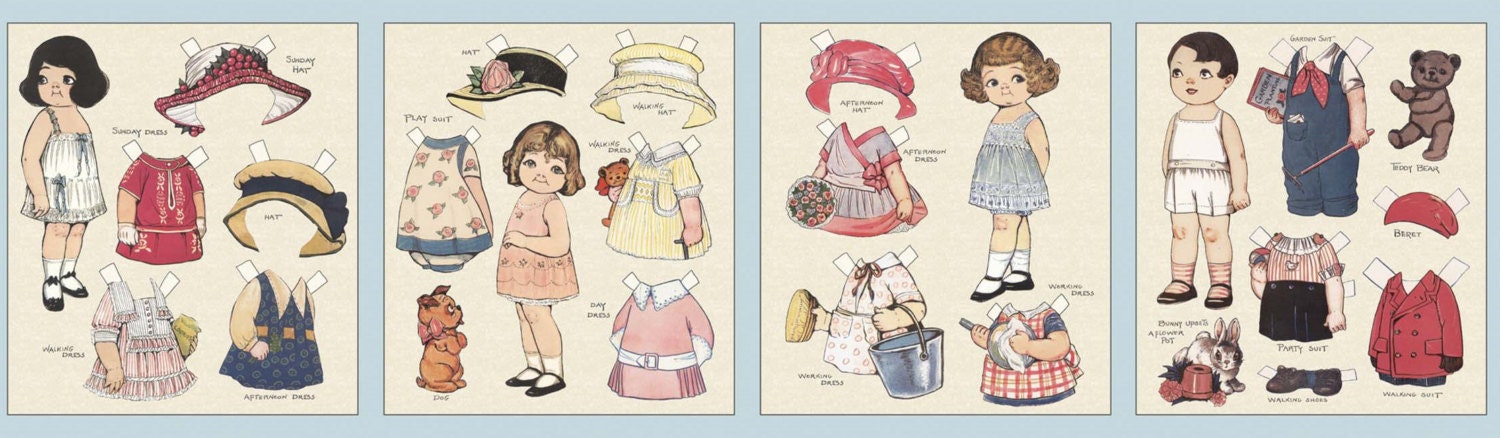Aunt Lindy's PAPER DOLL Panel, 3 Girl Dolls, 1 Boy w/ LOTS of Clothes
