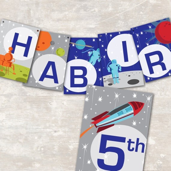 Space Rocket Astronaut Birthday Party Pennant Banner ("Happy 1st Birthday") PRINT & SHIP Il_570xn