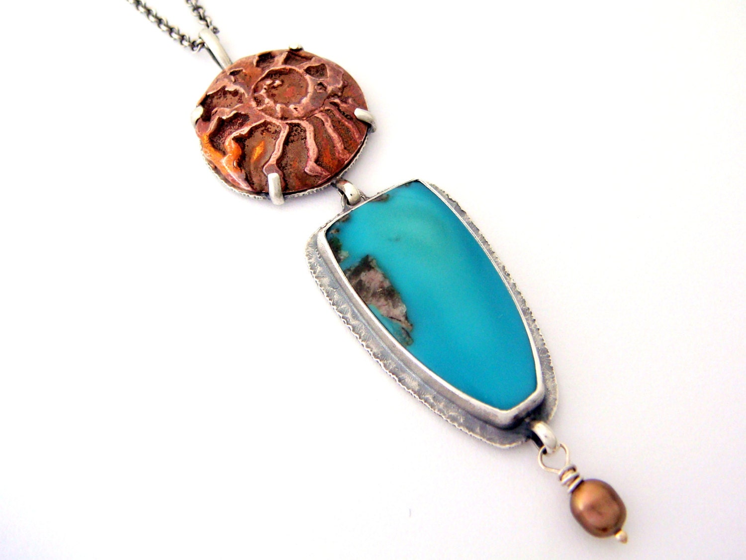 Beach Combing - Turquoise Necklace with Copper Ammonite and Pearl set in Sterling Silver - Carlin Mine Turquoise Necklace - SCJJewelryDesign
