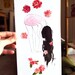Drawing watercolor painting and fabric collage - pink girl - Shaking Flowers from her Hair