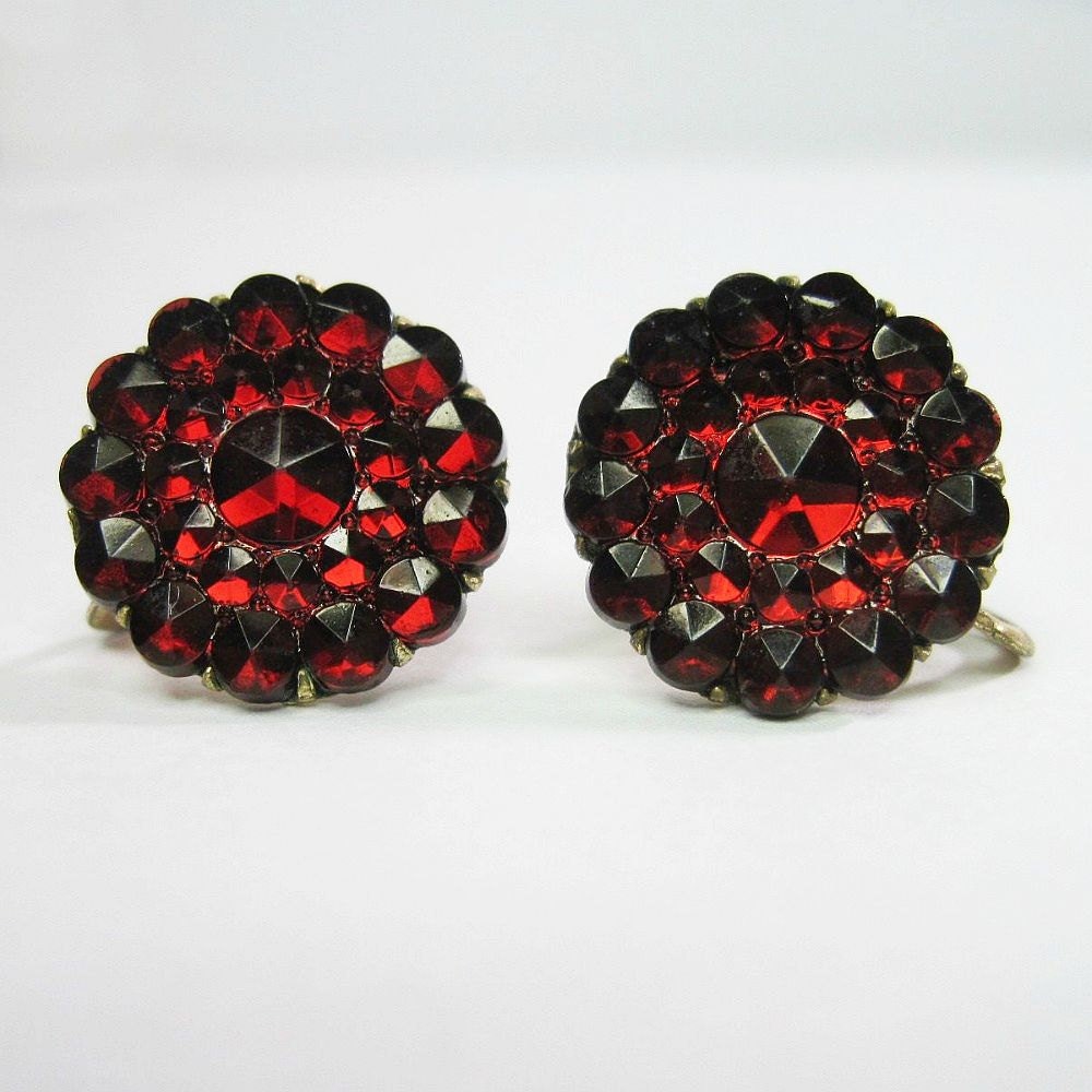 1920s Vintage Art Deco Earrings - Ruby Red - Czech Glass - Molded Glass - Faceted - July - WickedDarling