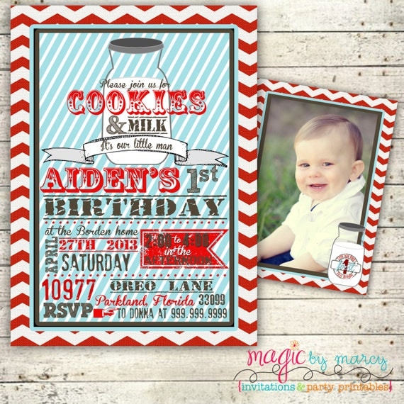 Vintage Cookies and Milk First Birthday digital Invitation Il_570xn