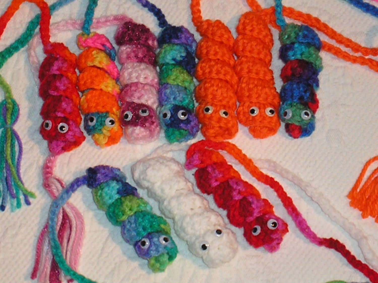 10 Crocheted Bookworms with wiggly eyes in Assorted Colors, Fun Party