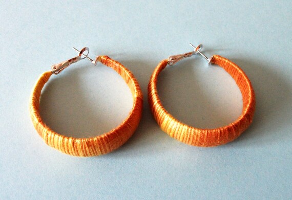 Orange and Yellow Yarn Wrapped Hoop Earrings