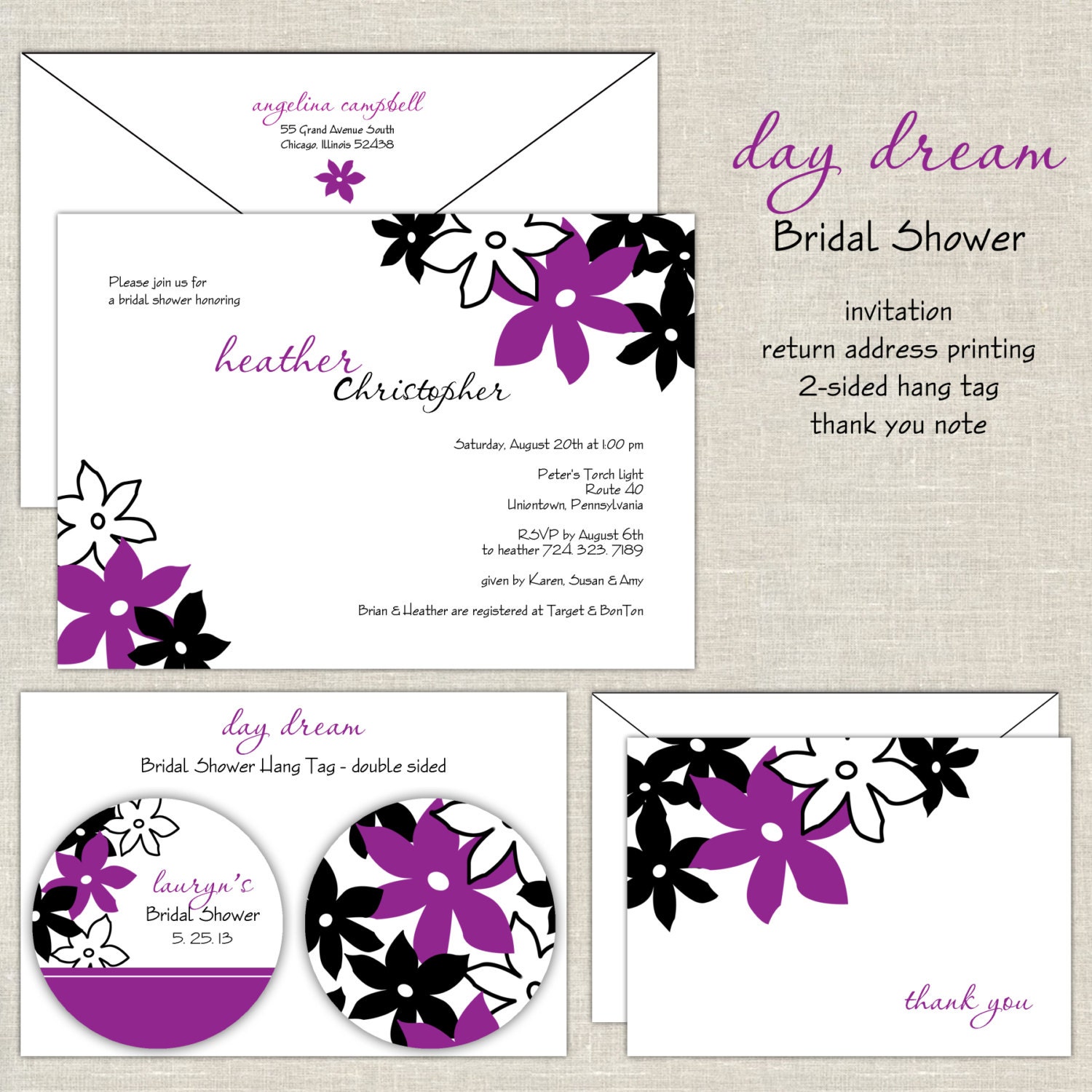 Bridal Shower Invitation Day Dream in Plum Purple and Black Il_570xn