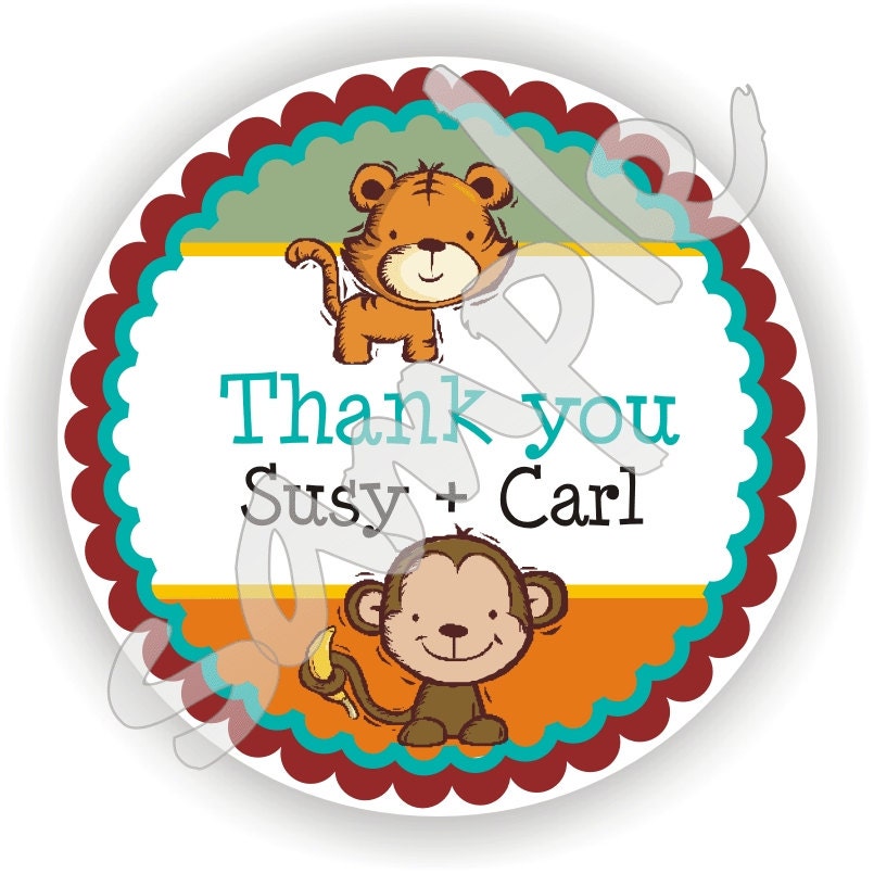 Animals Theme - 40 Thank You 2 inch circle Stickers - Birthday - Baby Shower - Envelope Seal - Address Label - Personalized Il_570xn