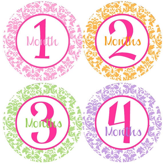 Girl Monthly Stickers - Baby Monthly Stickers - Pink, Orange, Green, Purple Damask Girl Month Stickers - Melissa Il_570xn