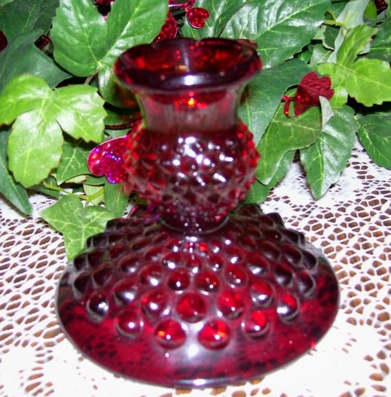 Vintage Ruby Red Hobnail Candle Holder Unmarked but by ladykluk