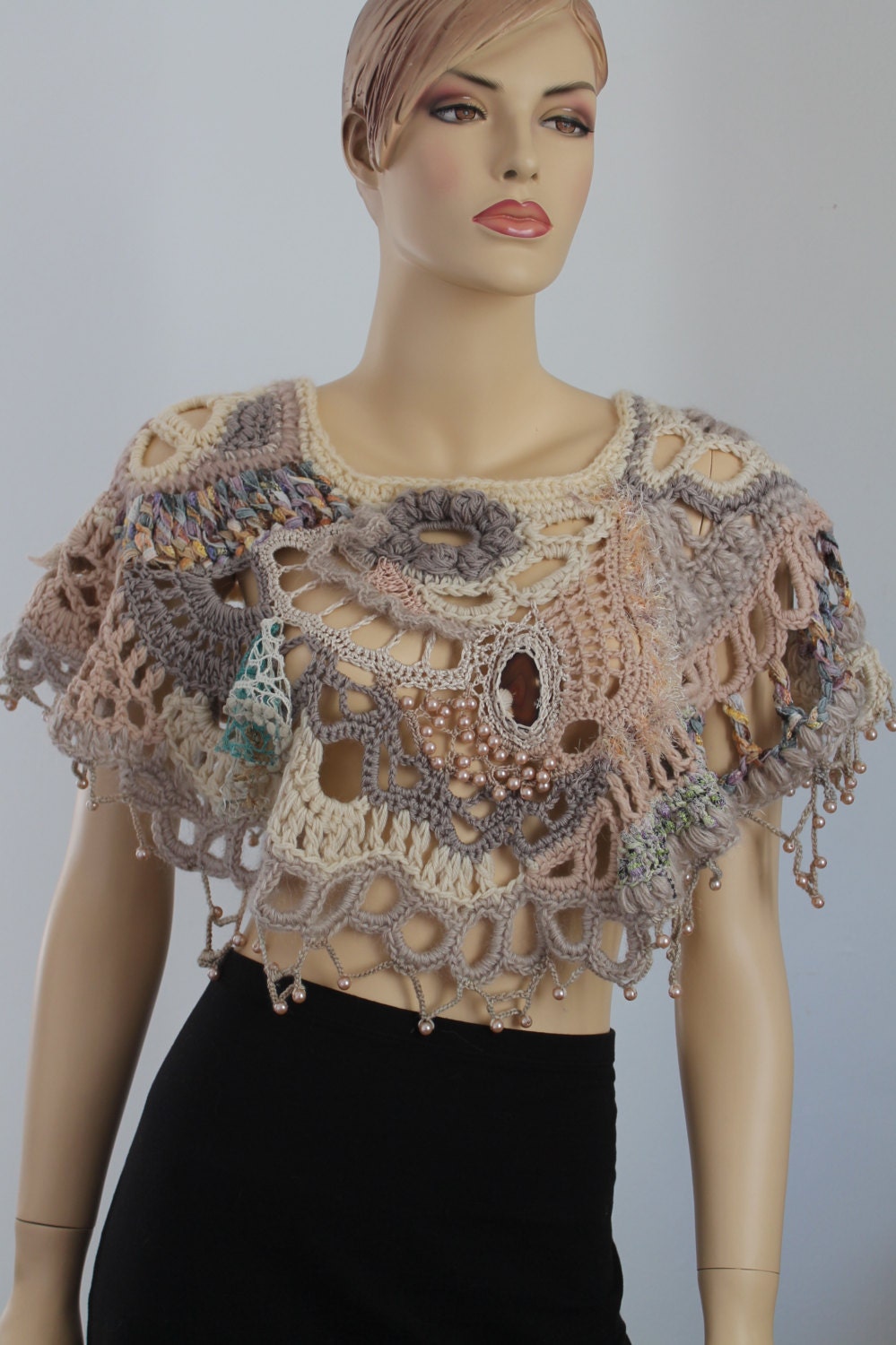 Chunky Freeform Crochet Poncho - Brown Agate Stone   - Wearable Art