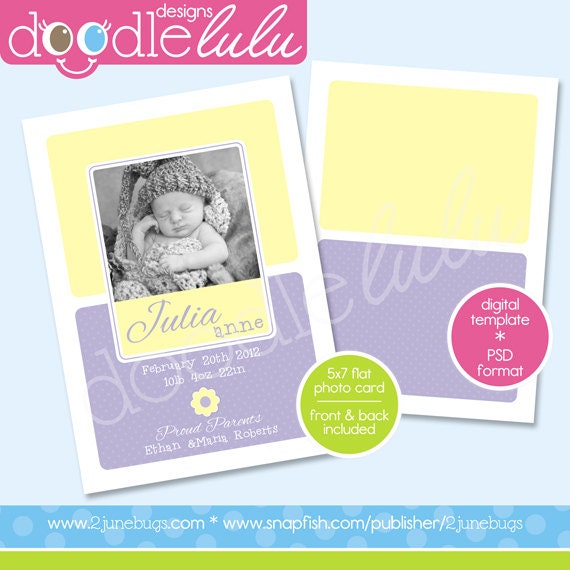 INSTANT DOWNLOAD Printable 5x7 Flower Yellow & Purple Baby Photo Card Birth Announcement Template - Design from Doodlelulu by 2 june bugs Il_570xn