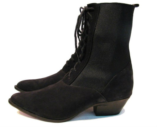 Vintage Black Suede Elastic Gusset Victorian Western Boots Womens US size 9